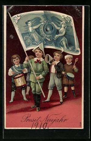 Präge-Ansichtskarte Jungen mit Trommel und Geldschein als Fahne, Neujahrsgruss