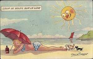 Künstler Ansichtskarte / Postkarte Preissac, J., Frau am Strand, Sonnenschein, Hunde, Coup de Sol...
