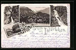 Vorläufer-Lithographie Interlaken, 1894, Teilansicht mit Jungfrau, Giessbachfälle, Trümmelbachfal...