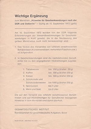 Wichtige Ergänzung zum Merkblatt "Hinweise für Geschenksendungen nach der DDR und Ostberlin". Gül...