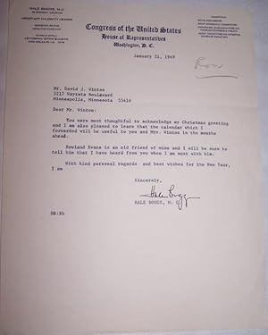 Bild des Verkufers fr Typed letter Signed by Hale Boggs, U.S. Congressman from Louisiana and then Assistant Majority Leader, on Congressional Letterhead to David J. Winton zum Verkauf von Antiquarian Bookshop