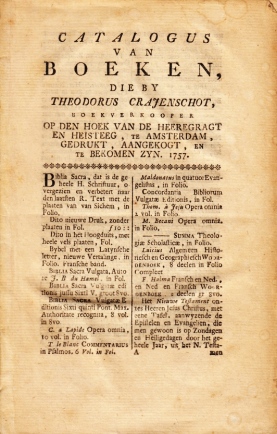 Catalogus van boeken die by Theodorus Crajenschot, boekverkooper op den hoek van de Heeregragt en...