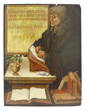 Erasmus stands writing in his study.