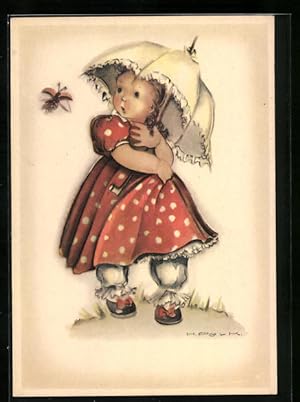 Bild des Verkufers fr Knstler-Ansichtskarte Hilla Peyk: Mdchen im roten Kleid mit weissen Punkten und Schirm zum Verkauf von Bartko-Reher