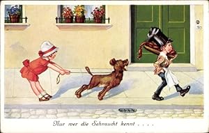 Bild des Verkufers fr Ansichtskarte / Postkarte Mdchen geht Gassi, Hund will Wurst stehlen, Diebstahl, Nur wer die Sehnsucht kennt. zum Verkauf von akpool GmbH