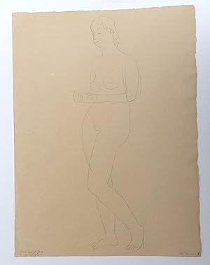 Seller image for Zwei stehende Mdchen-Akte + Handstudie. - (vorderseitig: 2 Originalzeichnungen, rckseitig: Mdchenakt / Skizzenblatt, signiert, 1960er Jahre) for sale by BuchKunst-Usedom / Kunsthalle