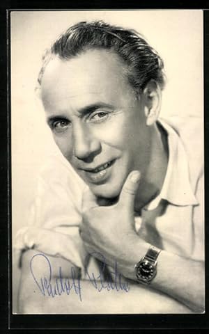 Ansichtskarte Schauspieler Rudolf Platte sich ans Kinn fassend, Autograph