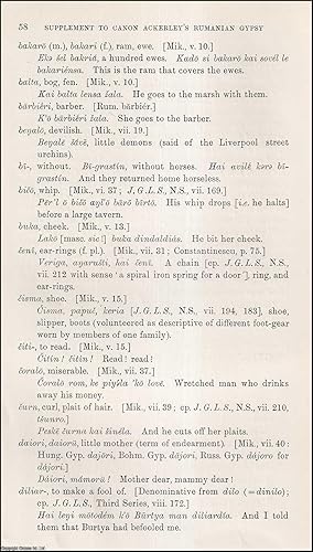 Image du vendeur pour Supplement to Canon Ackerley's Rumanian Gypsy Vocabulary of the Coppersmiths. An uncommon original article from the Journal of the Gypsy Lore Society, 1930. mis en vente par Cosmo Books