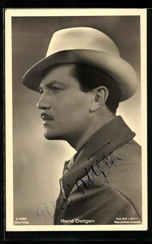 Ansichtskarte Schauspieler René Deltgen mit Moustache und Hut, Autograph