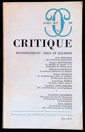 Immagine del venditore per Critique n359, avril 1977 - Mathmatiques : heur et malheur venduto da LibrairieLaLettre2