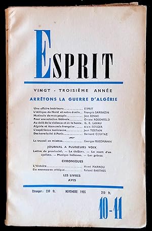 Bild des Verkufers fr Esprit 23me anne, n232, novembre 1955 - Arrtons la guerre d'Algrie zum Verkauf von LibrairieLaLettre2