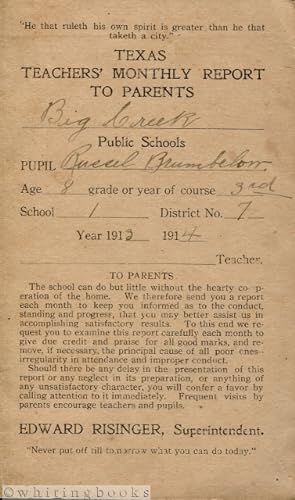 Report Card from Big Creek School in Fort Bend County, Texas 1913-1914: Rare Ephemera from a Sett...