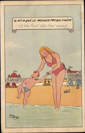 Künstler Ansichtskarte / Postkarte Strandleben, Junge will nicht ins Wasser gehen, It's the first...