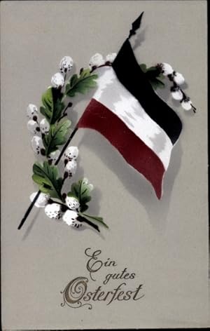 Ansichtskarte / Postkarte Glückwunsch Ostern, Weidenkätzchen, Eichenlaub, Fahne, Patriotik