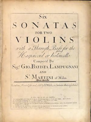 Bild des Verkufers fr Six sonatas for two violins with a through bass for the harpsichord or violoncello. [handschr.:] Opera seconda zum Verkauf von Paul van Kuik Antiquarian Music