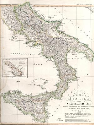 Bild des Verkufers fr Karte Sdliches Italien enthlt Neapel und Sicilien nebst dem sdlichen Theile des Kirchenstaates. 1 Nebenkarte: Die Inseln Malta, Gozzo und Comino. Altkoloriert;Original historische antike Landkarte um 1825 zum Verkauf von Antiquariat Kastanienhof