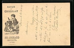 Vorläufer-Ansichtskarte Neuchatel, 1889, Fabrique de Chocolat Ph. Suchard, Kind rührt Schokolade