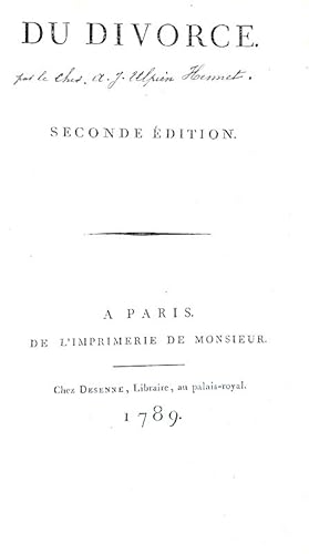 Du divorce.A Paris, de l'Imprimerie de Monsieur, chez Desenne, 1789.