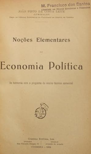 Image du vendeur pour NOES ELEMENTARES DE ECONOMIA POLTICA. mis en vente par Livraria Castro e Silva