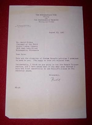 Typed Note Signed by Wilbur "Bill" Elston to David J. Winton on Printed Minneapolis Star/Tribune ...