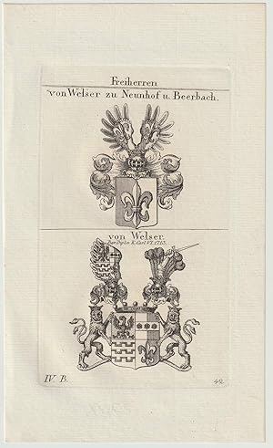 Freiherren von Welser zu Neunhof u. Beerbach / von Welser. Original-Kupferstich mit 2 Wappen.