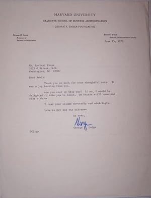 Seller image for Typed Letter Signed by George C. Lodge on Harvard University Letterhead to Rowland Evans for sale by Antiquarian Bookshop
