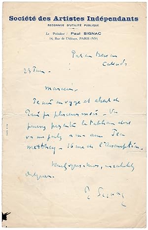 Bild des Verkufers fr Autograph letter signed to Claude Monet zum Verkauf von Andreas Wiemer Historical Autographs
