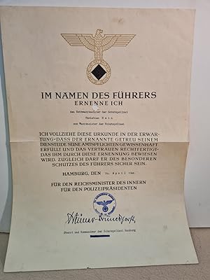 Ernennungsurkunde zum Wachtmeister der Schutzpolizei für Christian Hein, ausgestellt Hamburg, den...