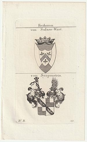 Freiherren von Sulzer-Wart / von Syrgenstein. Original-Kupferstich mit 2 Wappen.
