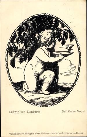 Künstler Ansichtskarte / Postkarte von Zumbusch, Ludwig, Der kleine Vogel, Kind, Vogeltränke