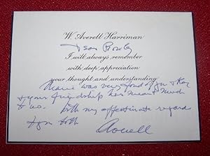 Manuscript Note on Printed Card from W. Averell Harriman to Rowland Evans