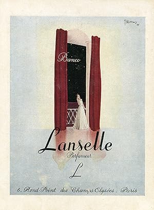 "BANCO : LANSELLE PARFUMEUR" Annonce originale entoilée illustrée par ROTTIERS parue dans PLAISIR...