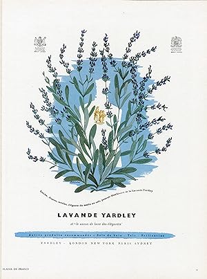 "LAVANDE YARDLEY" Annonce originale entoilée parue dans PLAISIR DE FRANCE illustrée par Denyse de...