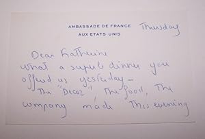 Manuscript Note Signed by Antoinette de Laboulaye to Katherine Evans on French Embassy Letterhead...