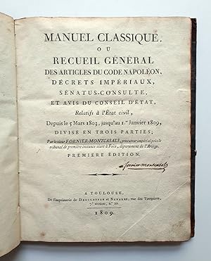 Etat Civil - Manuel Classique ou Recueil Général des Articles du Code Napoleon 1809