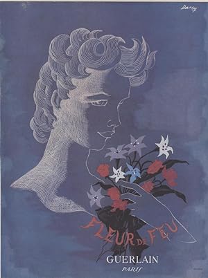 "GUERLAIN : FLEUR de FEU" Annonce originale entoilée illustrée par DARCY (fin 40)