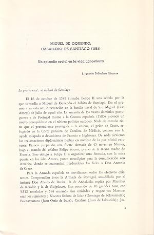 Seller image for MIGUEL DE OQUENDO, CABALLERO DE SANTIAGO, 1584 - UN EPISODIO SOCIAL EN LA VIDA DONOSTIARRA (EXTRAIDO ORIGINAL AO 1967 ESTUDIO COMPLETO TEXTO INTEGRO) for sale by Libreria 7 Soles