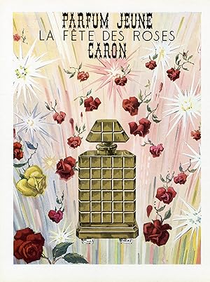 "CARON : PARFUM JEUNE" LA FÊTE DES ROSES / Annonce originale entoilée parue dans PLAISIR DE FRANC...