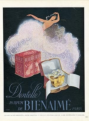 "DENTELLE : PARFUM BIENAIMÉ" Annonce originale entoilée par DRAEGER parue dans PLAISIR DE FRANCE ...