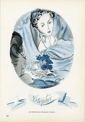 "TROPHÉE PARFUM DU CHEVALIER D'ORSAY" Annonce originale entoilée parue dans PLAIRE (1944)