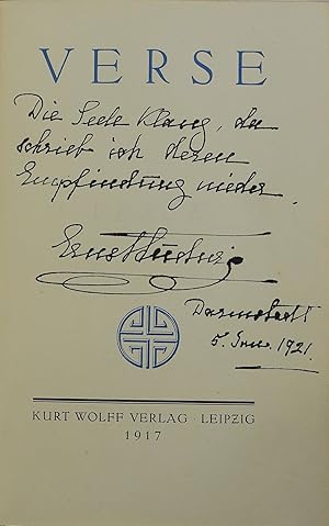 Verse. Leipzig, Kurt Wolff Verlag 1917. 4to. 68 Seiten. Blauer Orig.-Lederband mit Rückentitel, D...