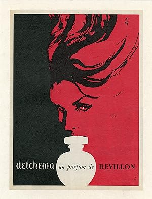"DETCHEMA un parfum de REVILLON" Annonce originale entoilée illustrée par GRUAU parue dans PARIS-...
