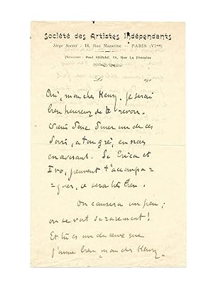 Émouvante lettre de Signac au sujet de décès de sa mère