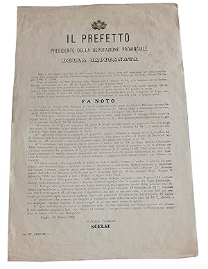 Manifesto 1866 Pagamento delle quote del Presidio Nazionale CAPITANATA Foggia