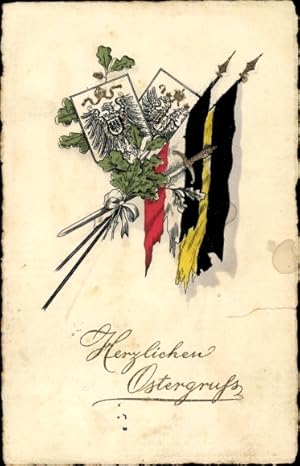 Präge Ansichtskarte / Postkarte Glückwunsch Ostern, Zweibund, Fahnen, Wappen, Eichenlaub