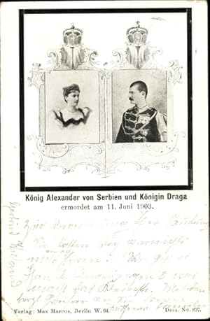 Ansichtskarte / Postkarte König Alexander von Serbien, Königin Draga, Portrait, ermordet 11.06.1903