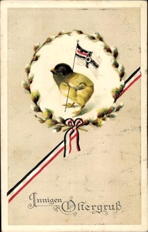 Präge Ansichtskarte / Postkarte Glückwunsch Ostern, Küken mit Flagge, Weidenkätzchen