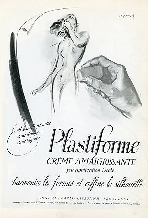 "CRÈME AMAIGRISSANTE PLASTIFORME" Annonce originale entoilée parue dans PLAIRE illustrée par BREN...