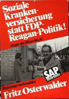 Plakat - Soziale Krankenversicherung anstatt FDP-Regan-Politik. Siebdruck.