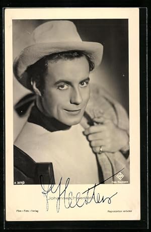 Ansichtskarte Schauspieler Johannes Heesters mit Hut, Autograph